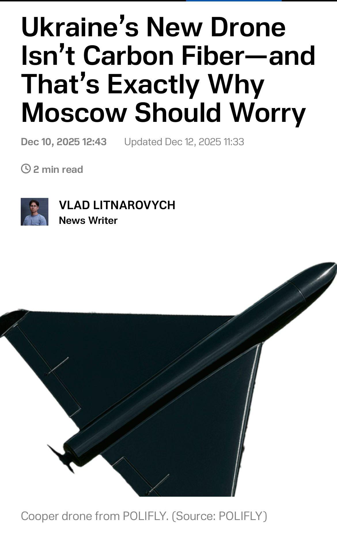 乌克兰的新型无人机，所用材料不是碳纤维，这正是俄罗斯所担心的原因。据报道，乌克兰