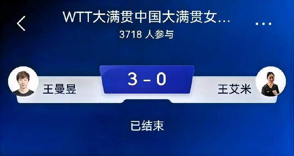如何看待王曼昱3-0王艾米（WTT中国大满贯女单1/32决赛）比分：11-