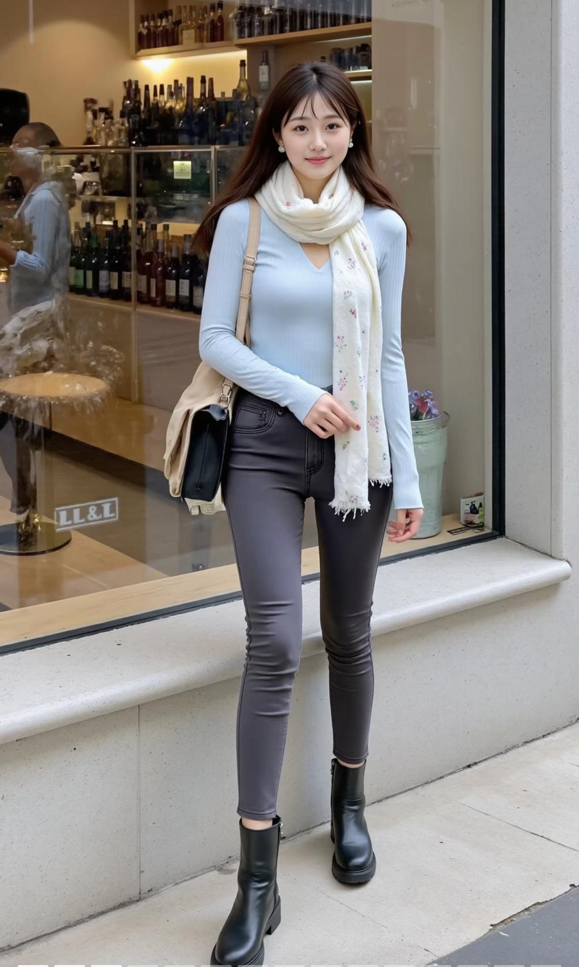 温柔蓝调毛衣+灰色紧身裤，搭配米色围巾，简约时尚，温暖舒适！