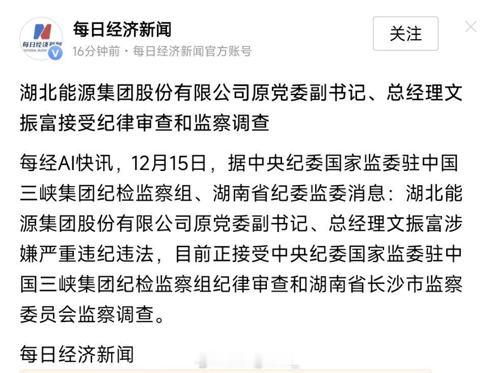 湖北能源集团股份有限公司原党委副书记、总经理文振富接受纪律审查和监察调查。