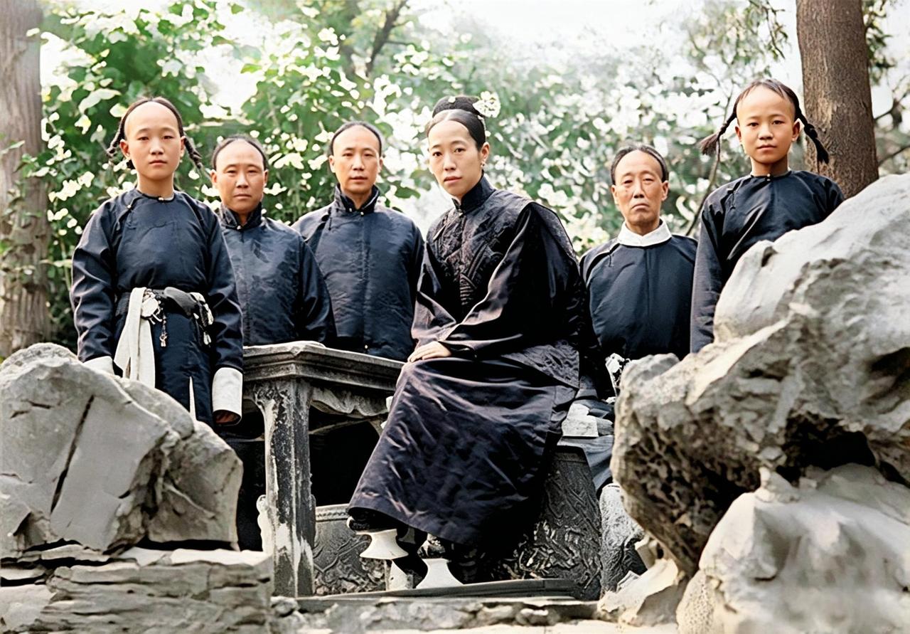 这是隆裕皇后与身边的太监在假山上。隆裕皇后不仅是三姐妹中颜值最低的，还可能是清朝