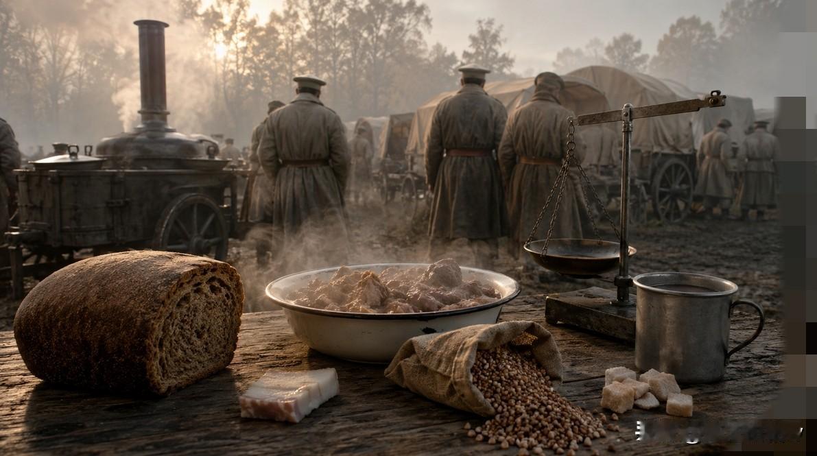 根据沙俄军队的标准，1914年一名沙俄士兵的日食物可以得到1025克面包、615