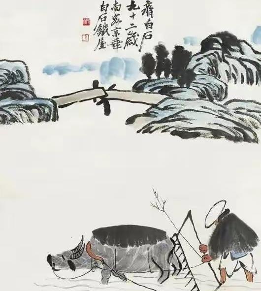 一日，齐白石画了一副《老汉耕牛图》置于案上，女徒弟郭秀仪看到画作之后，以为老师还