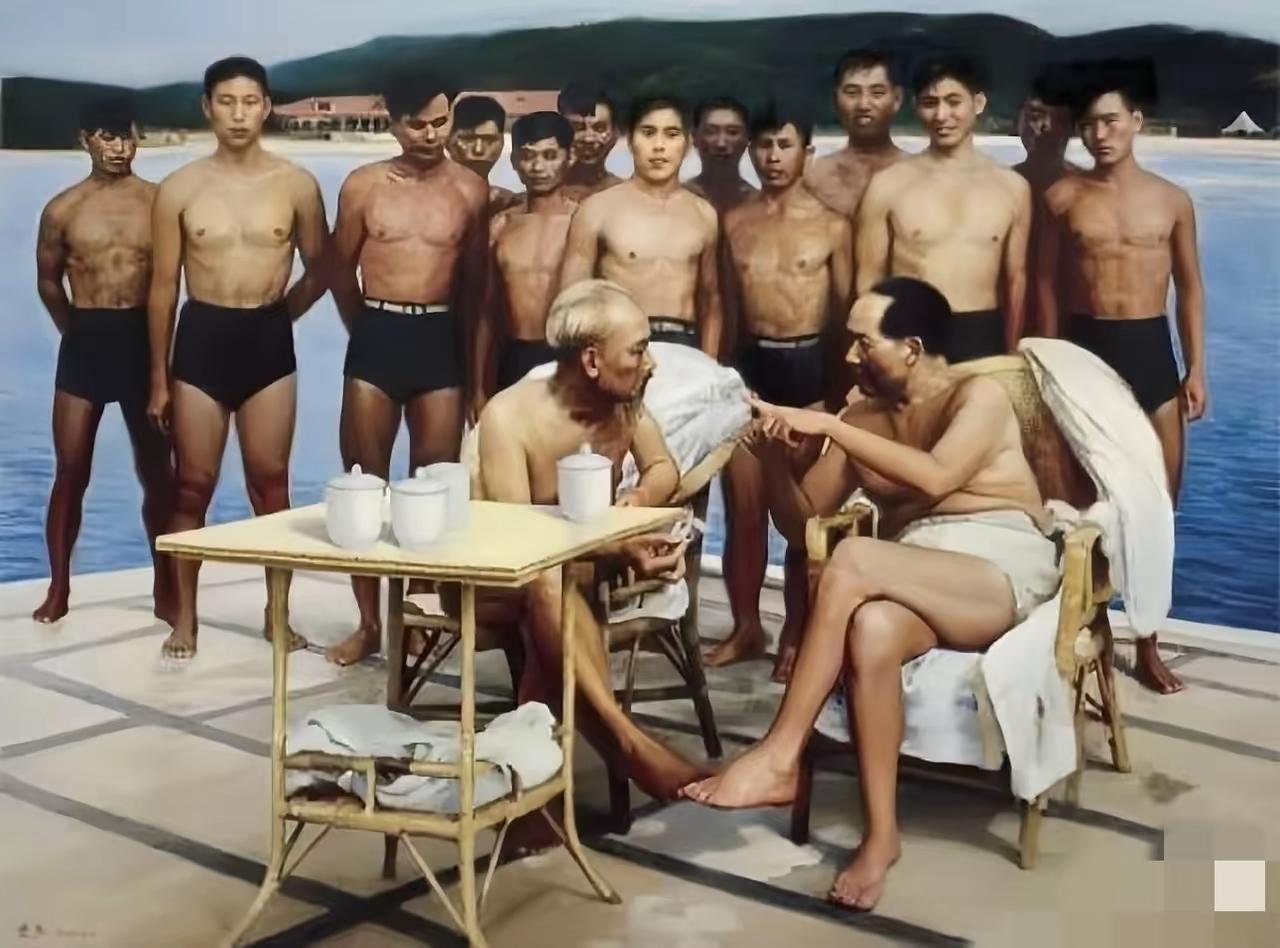 王铎：在游泳休息时刻，毛主席与越南领导人胡志明亲切交谈。