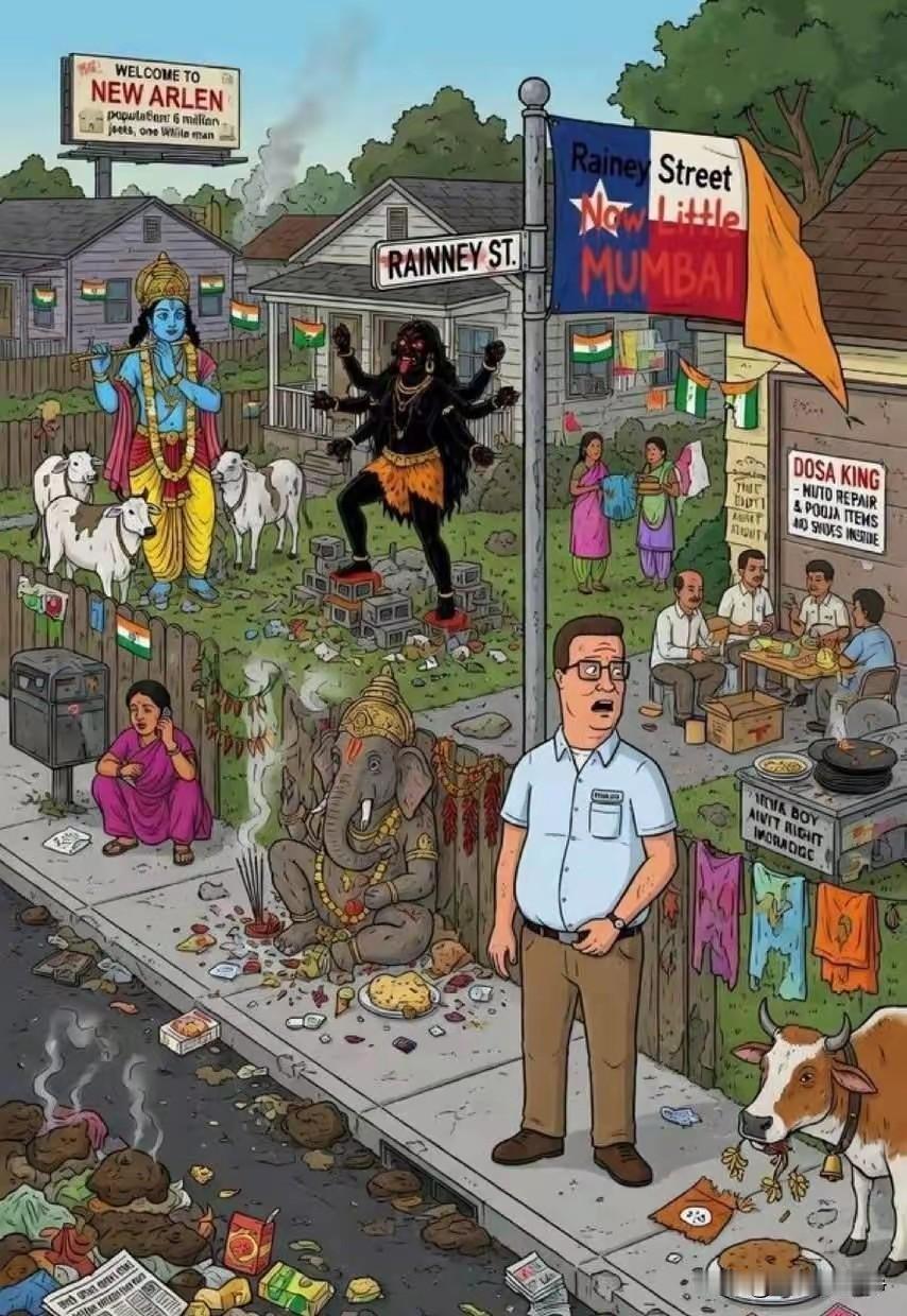 这是美国人自己在网络上画了一幅漫画，嘲讽的就是大量印度人涌入之后的德克萨斯一脸