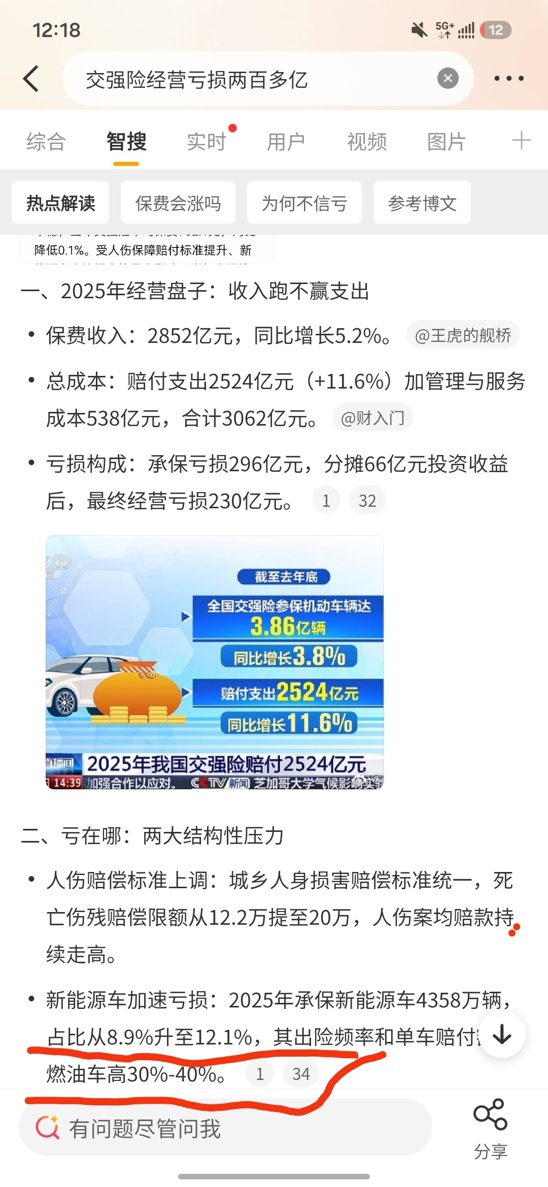 交强险经营亏损两百多亿亏损的原因，微博智慧搜给你答案了新能源车太安全了单车只是比