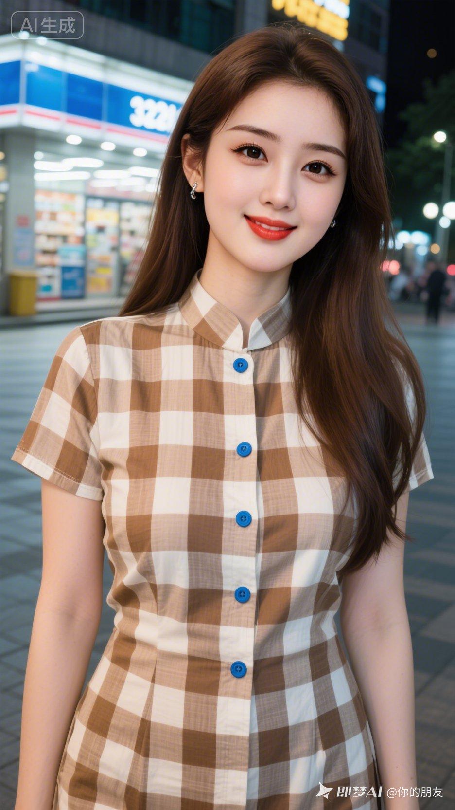 这姑娘在街头穿格子裙笑得很甜。