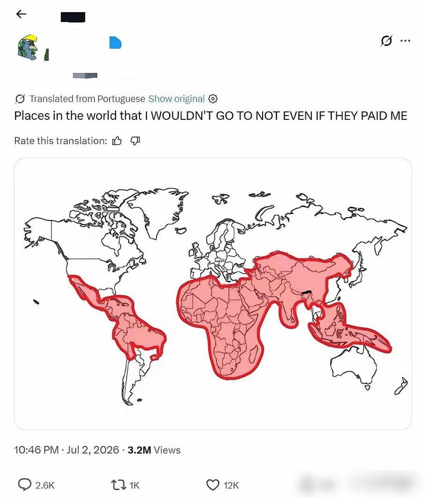 最近，一位海外知名地理博主发布的一张“旅游禁区”地图在外网疯传，观看量迅速突破3