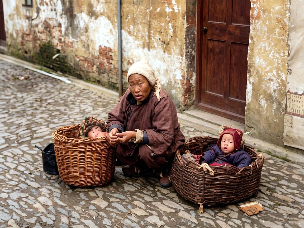 1920年代，上海，一名裹着头巾的乡下妇女蹲在街头。身旁放着两只箩筐，筐中坐着两