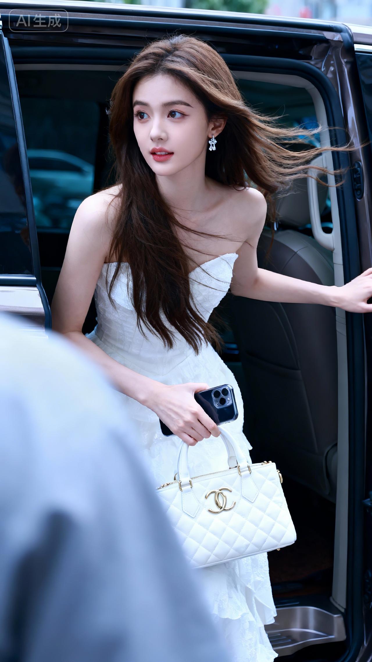 街拍女神，白色抹胸礼裙配钻石耳饰，优雅纯欲氛围感拉满白色缎面裙穿搭鎏金细闪抹胸