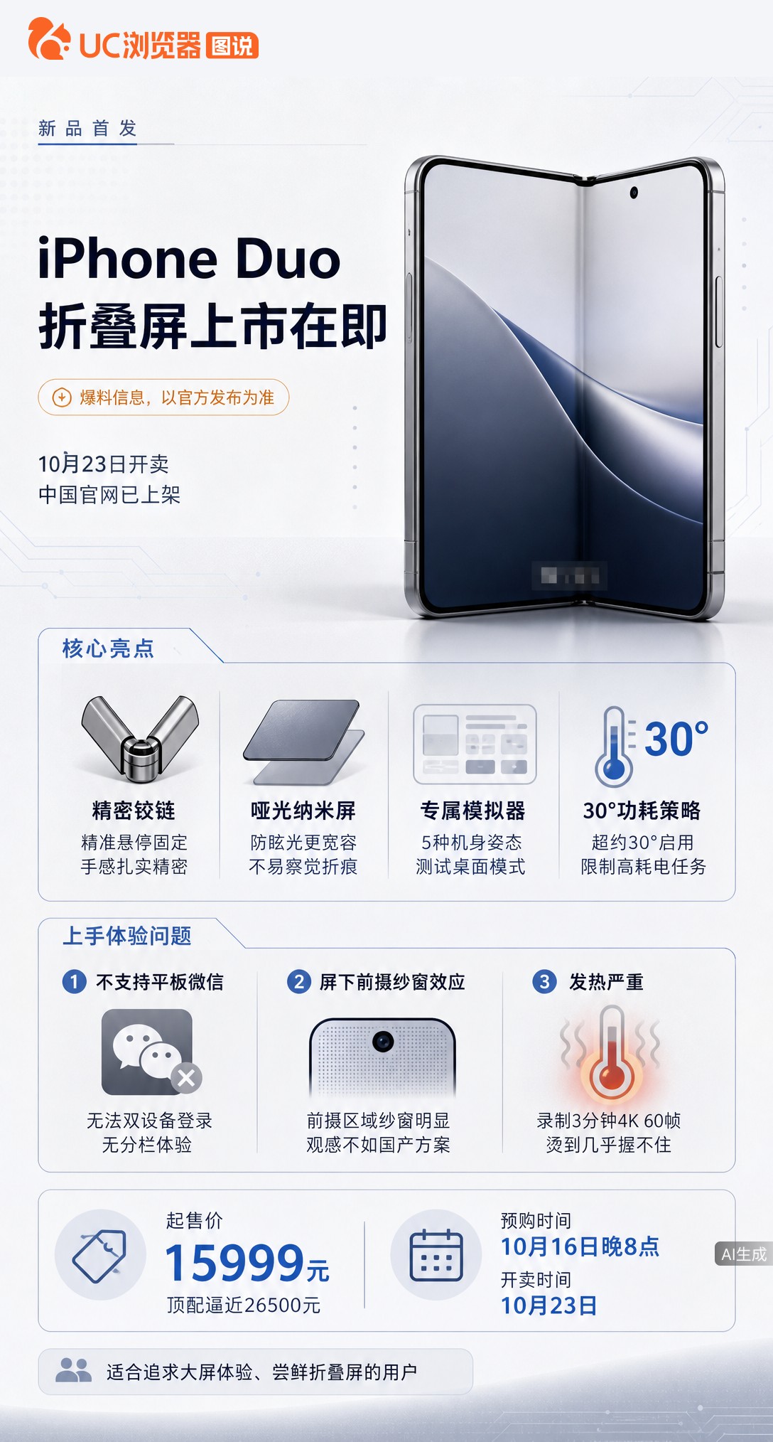 苹果折叠屏iPhoneDuo起售价15999元，却曝出不支持微信平板模式、屏下前摄纱窗明显、高负载发