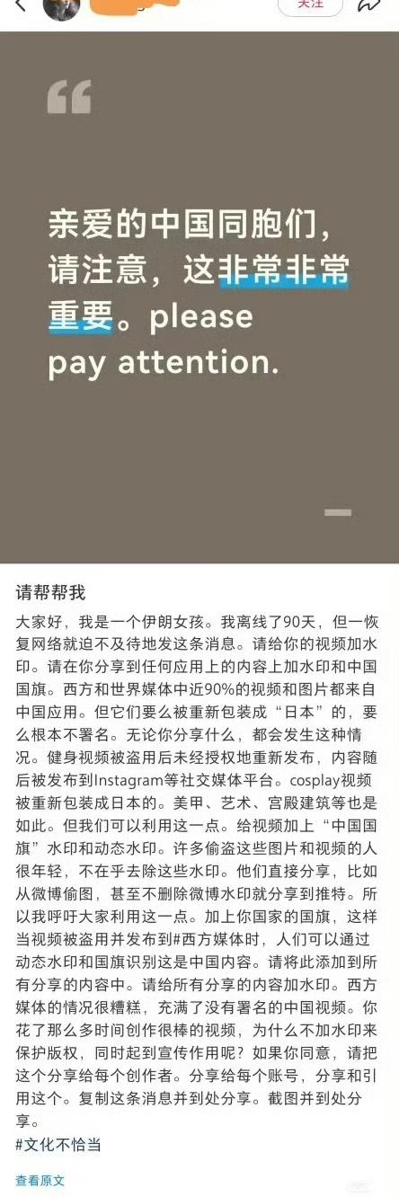 一位伊朗网友对中国网友的友情提醒：给作品加国旗或水印。说越南人、韩国人每天都在搬