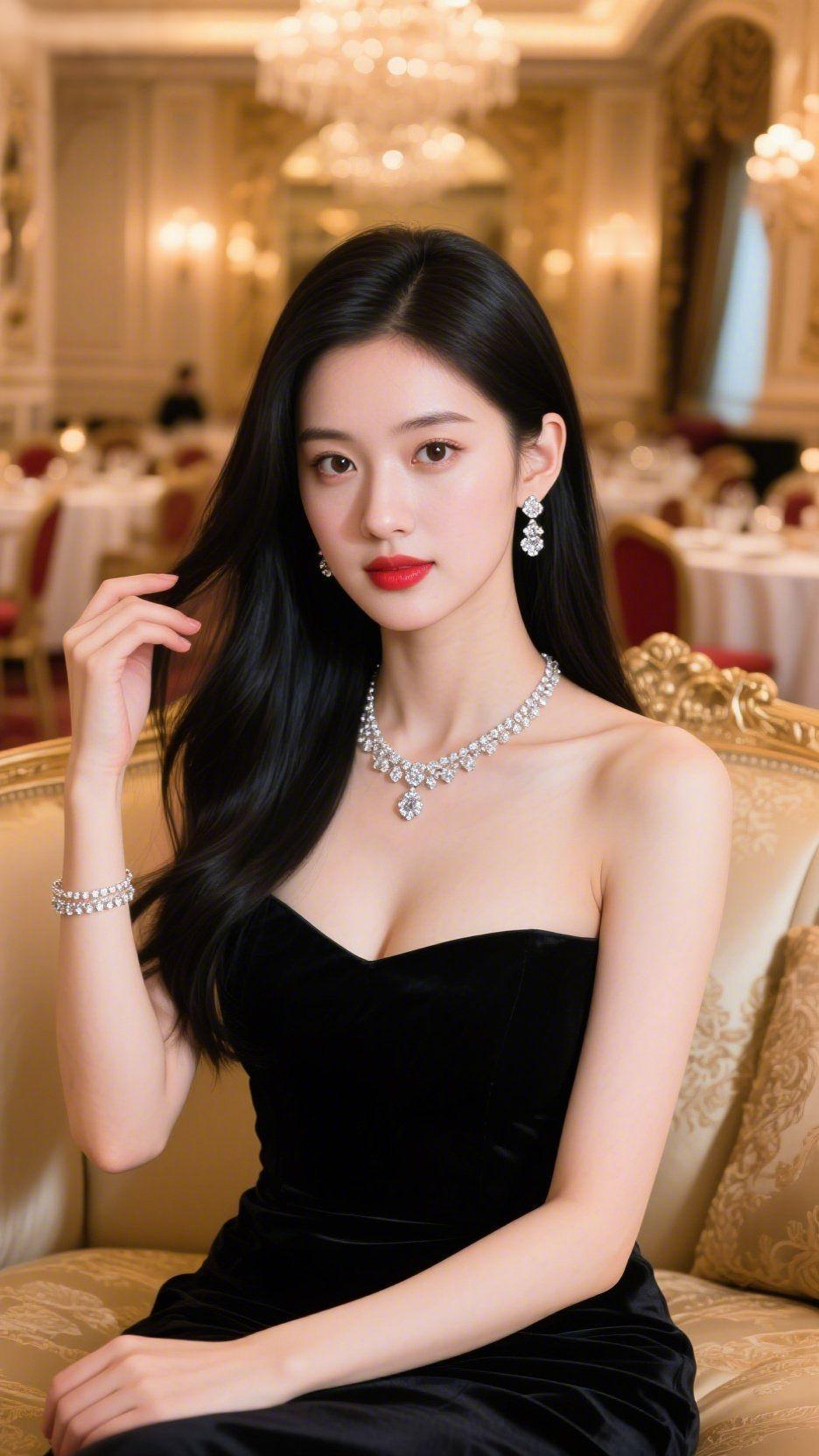 黑裙静立宴厅间鎏金宴厅里，水晶吊灯的光碎成万千星子，落在雕花欧式软椅与丝绒