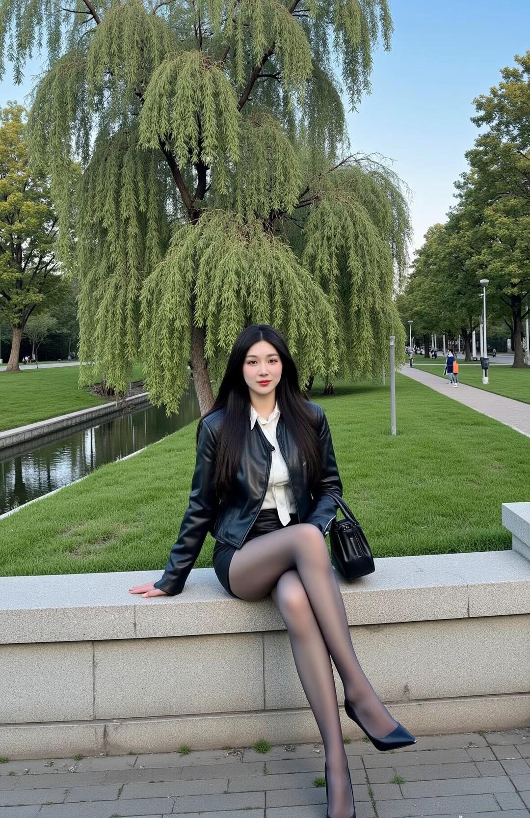 都市女孩在公园长椅上享受悠闲时光🍃👗👠