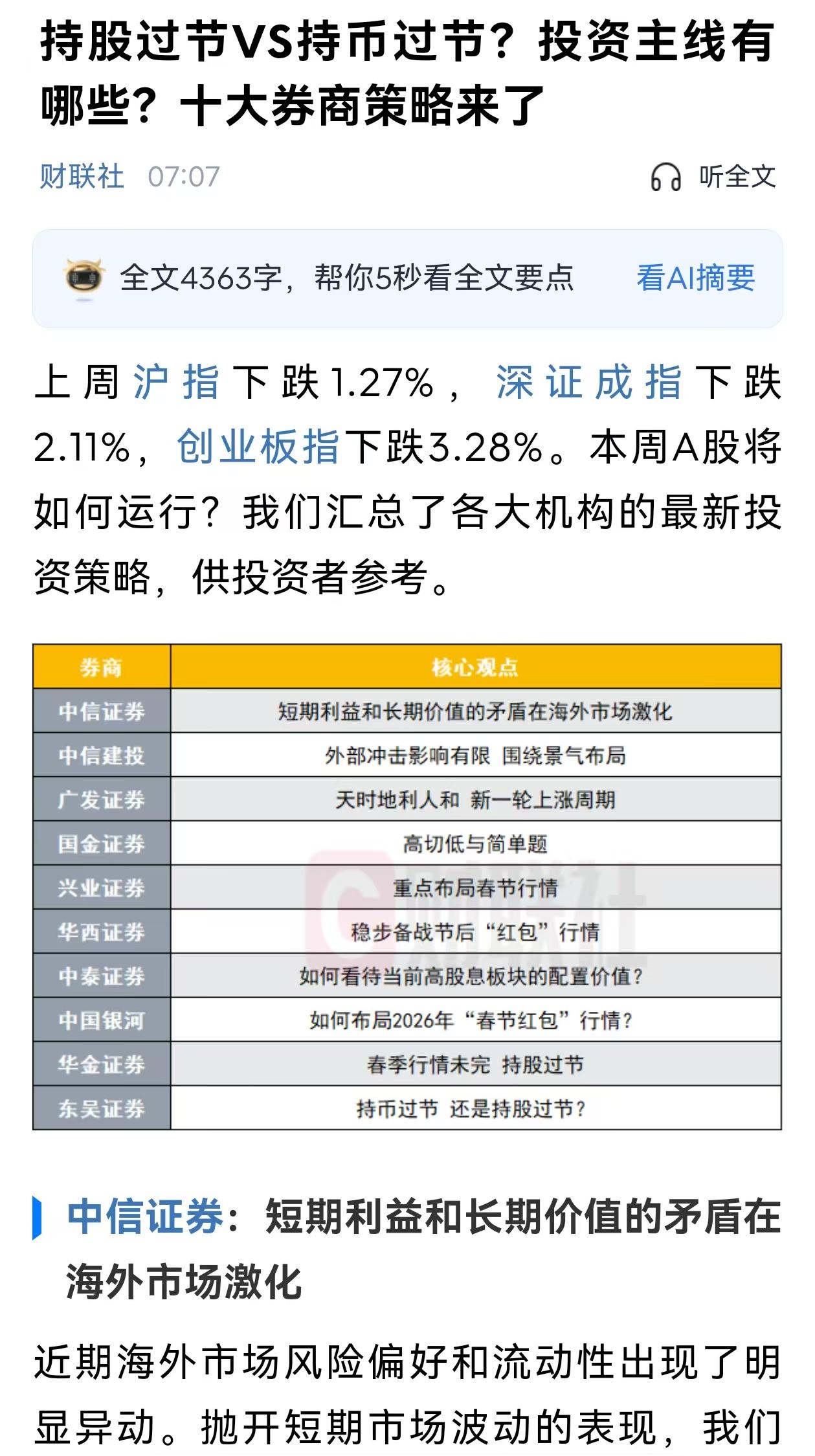今天是2026年2月9日。十大券商一致看好，持股过节。我们就以这个时间点来看
