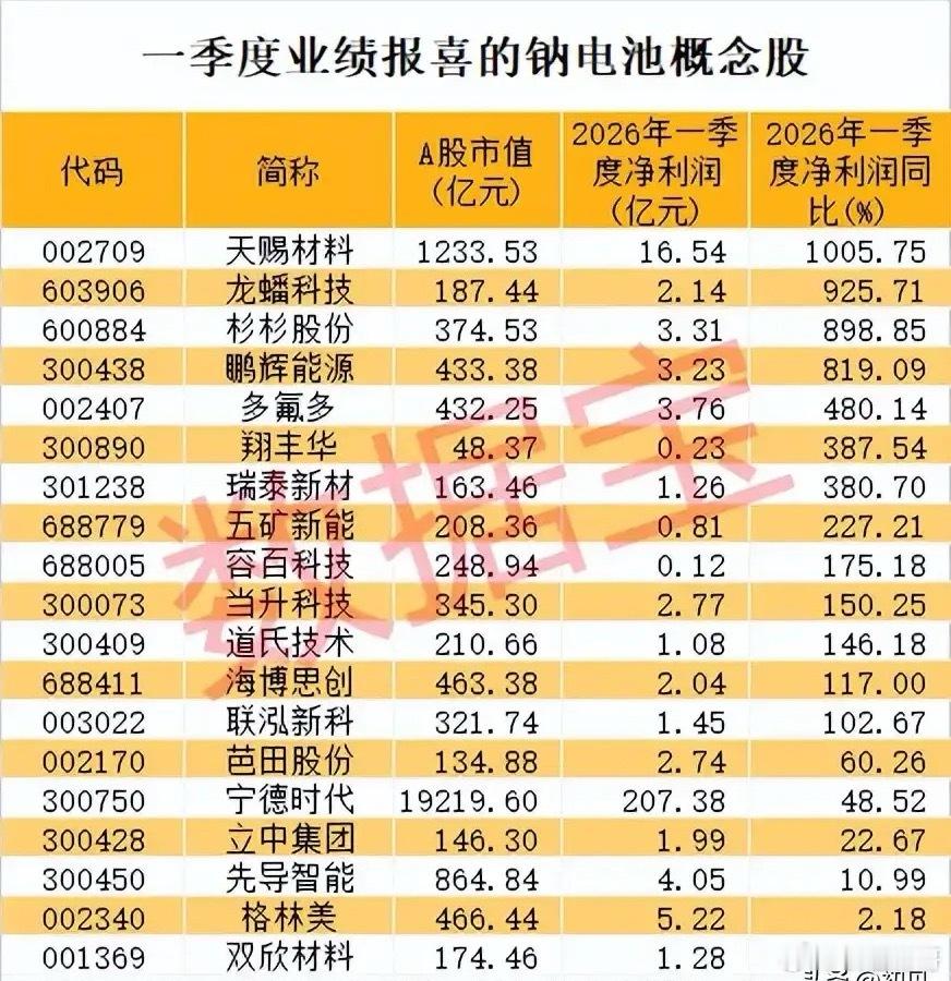 钠电池一季报喜报刷屏！多股净利暴增超10倍，龙头与黑马同台领跑！从本次梳理的20