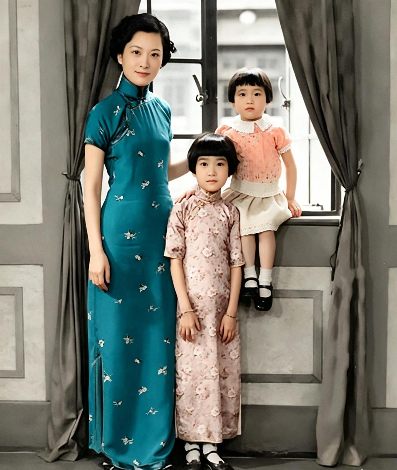 这是一九三六年，浙江宁波的一家照相馆里，一位母亲带着两个女儿照了张合影。相馆的窗
