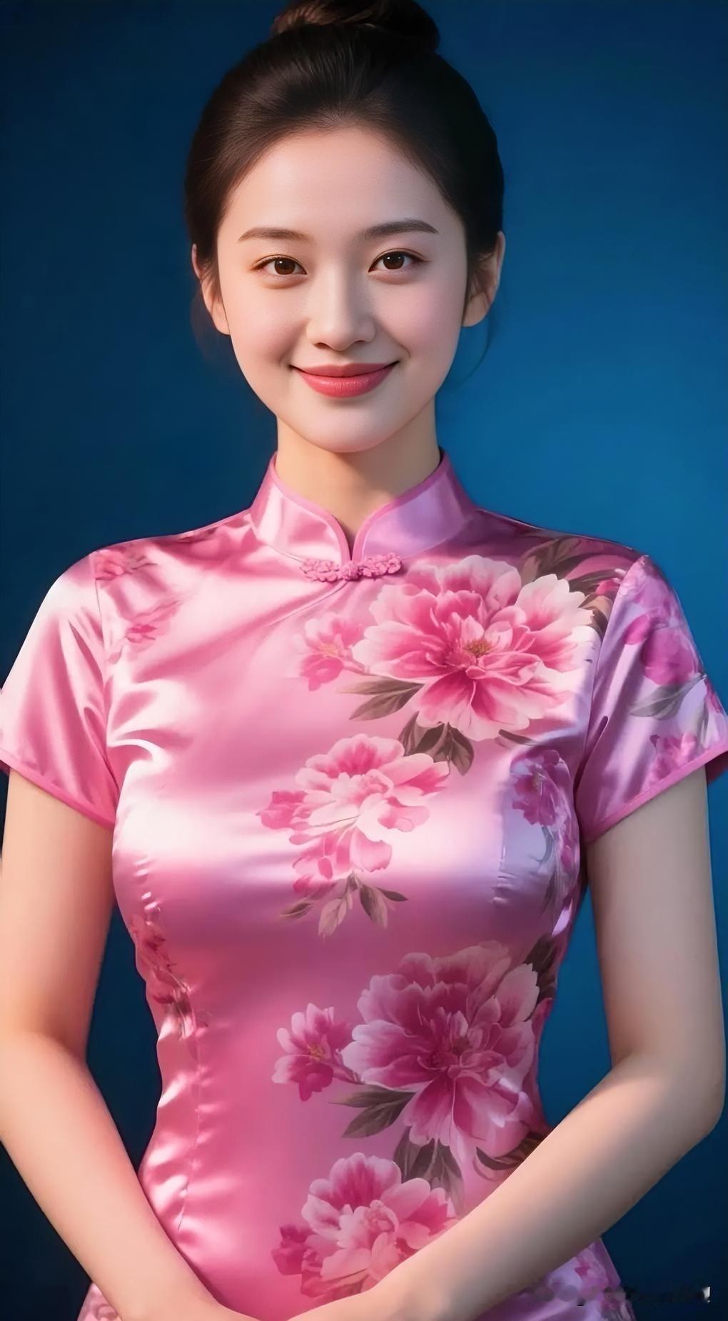 黛蓝背景前，粉缎旗袍映牡丹盛放。云鬓轻挽，浅笑温婉，尽显东方雅韵与柔美风华。
