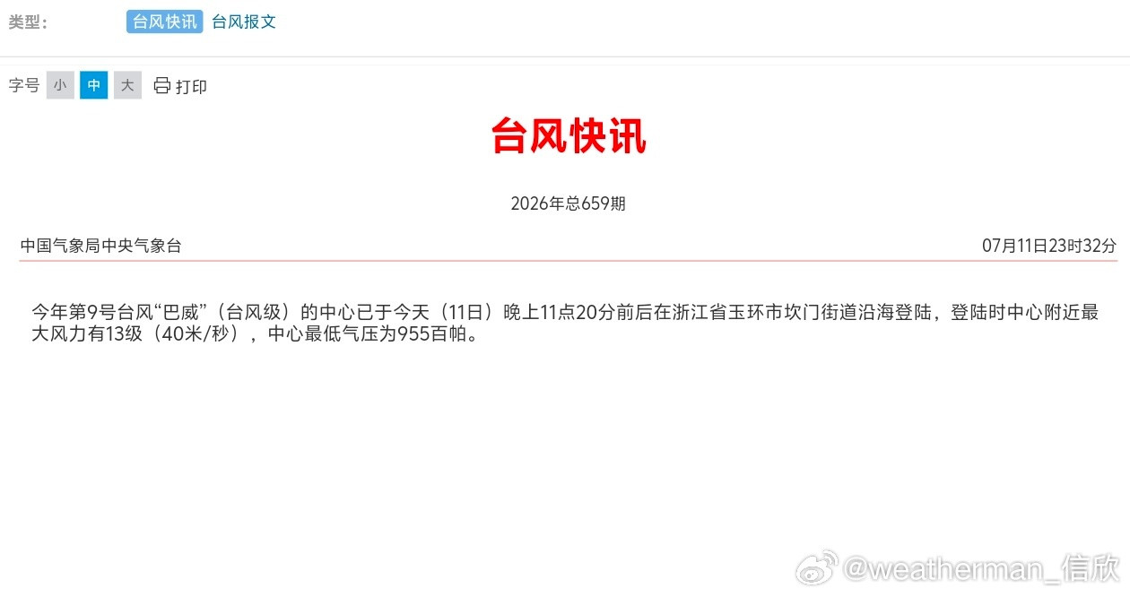 台风巴威已登陆今晚23时20分前后，台风巴威登陆浙江玉环。40米/秒，955百