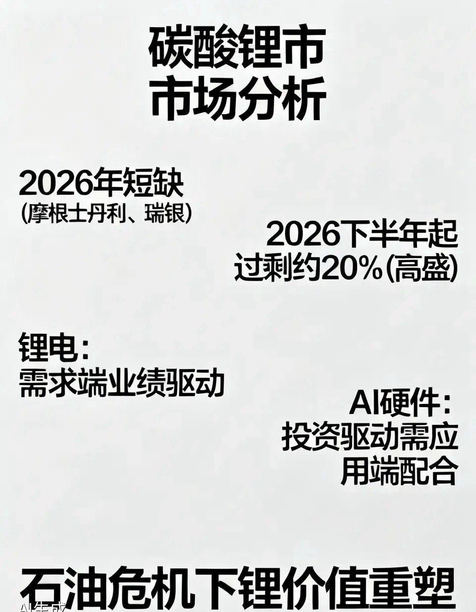 关于碳酸锂，摩根士丹利和瑞银均认为2026年将出现短缺，而高盛则预测自2026年