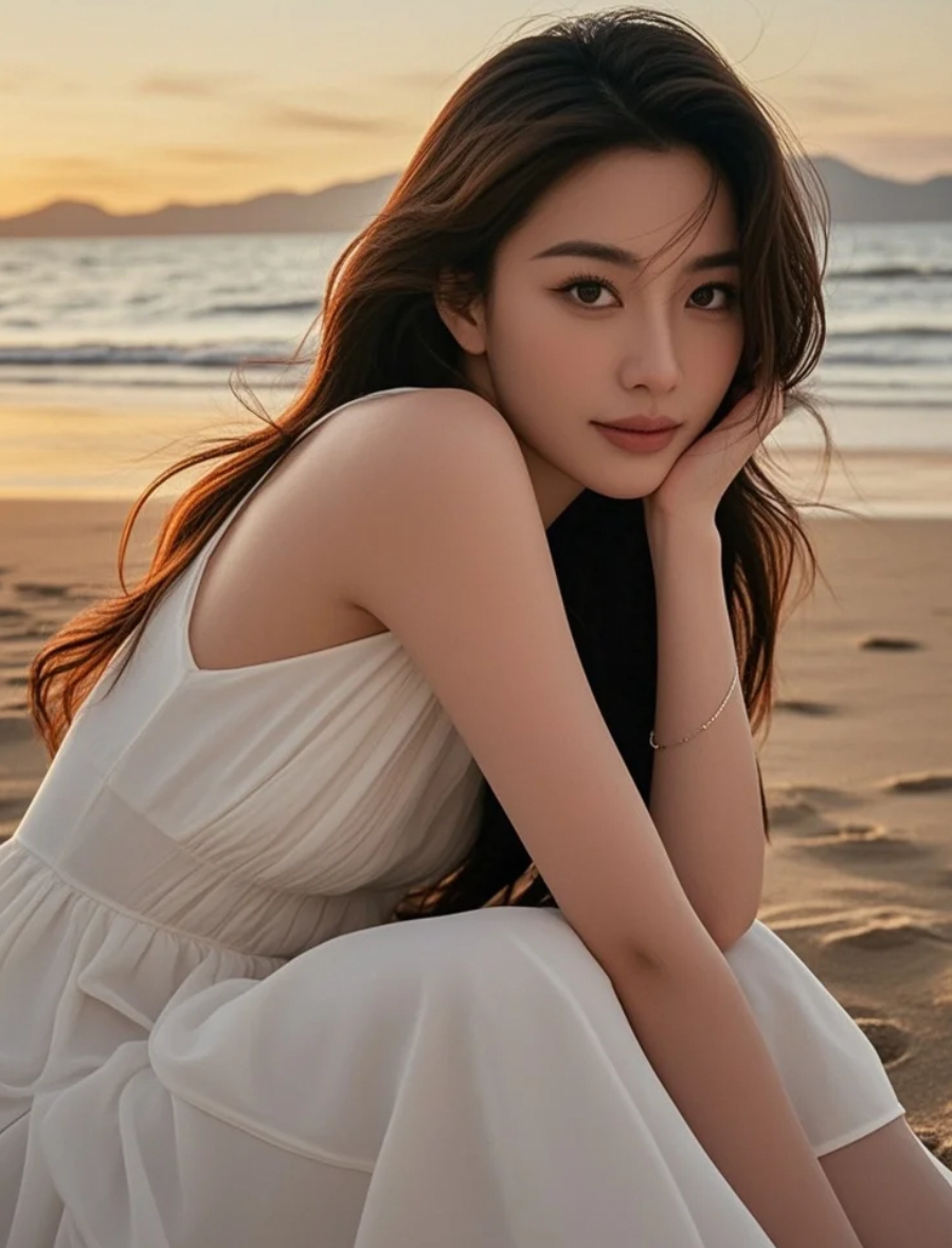 晚风轻送，沙滩上的长发女神，温柔笑意定格永恒瞬间