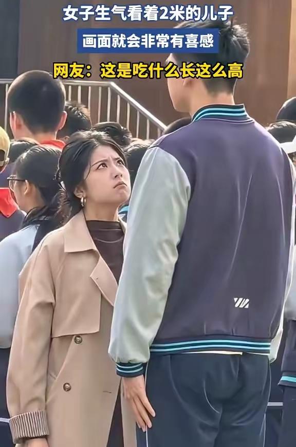 今天被这个图片刷爆了女子生气看着2米的儿子，画面就会非常有喜感。