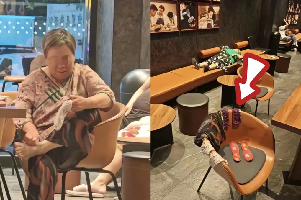 大妈把瑞幸咖啡当成自己家了！青岛一家瑞幸咖啡，一位大妈不点餐，自带吃喝，热了直
