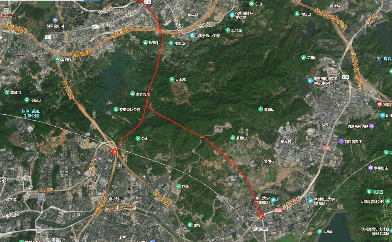终于搞清楚松山湖科学城至光明科学城通道的具体位置和走向了。这是一条倒Y的线路