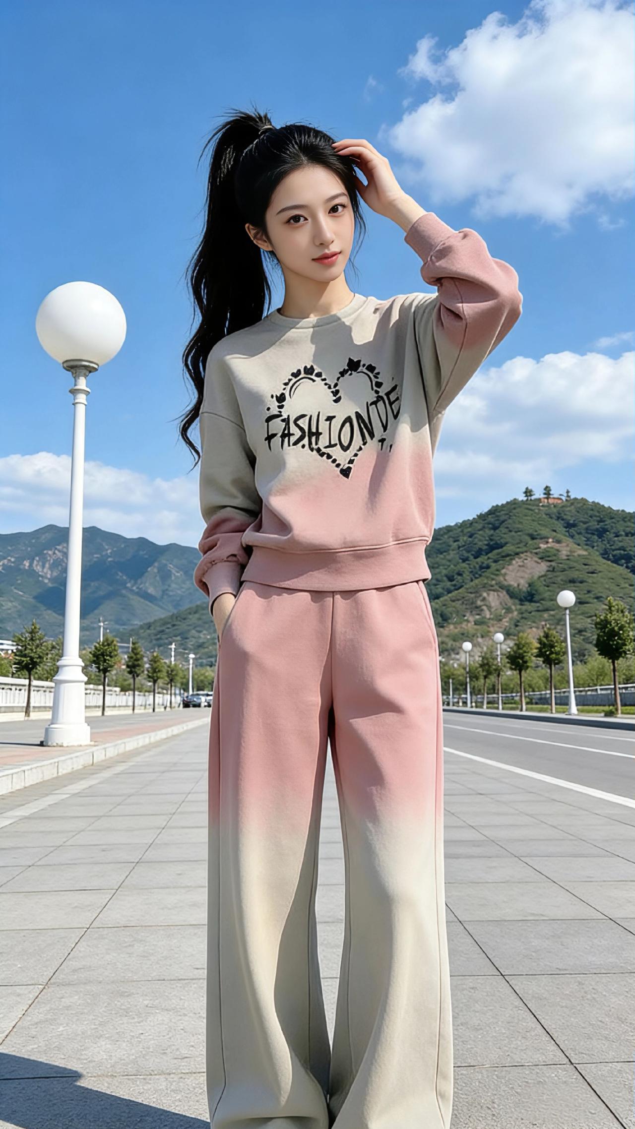 风掠过宽阔的大街，把渐变色的卫衣下摆轻轻掀起，像一片温柔的云。远处的青山在