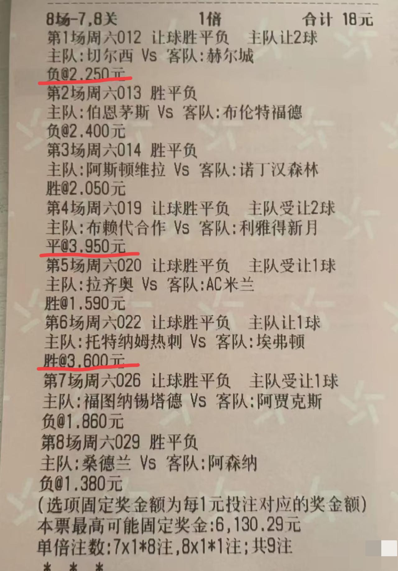 “8串7、8关”猜全场胜平负的这么一张票子，大家帮忙看看有没有可能中？从赔率上