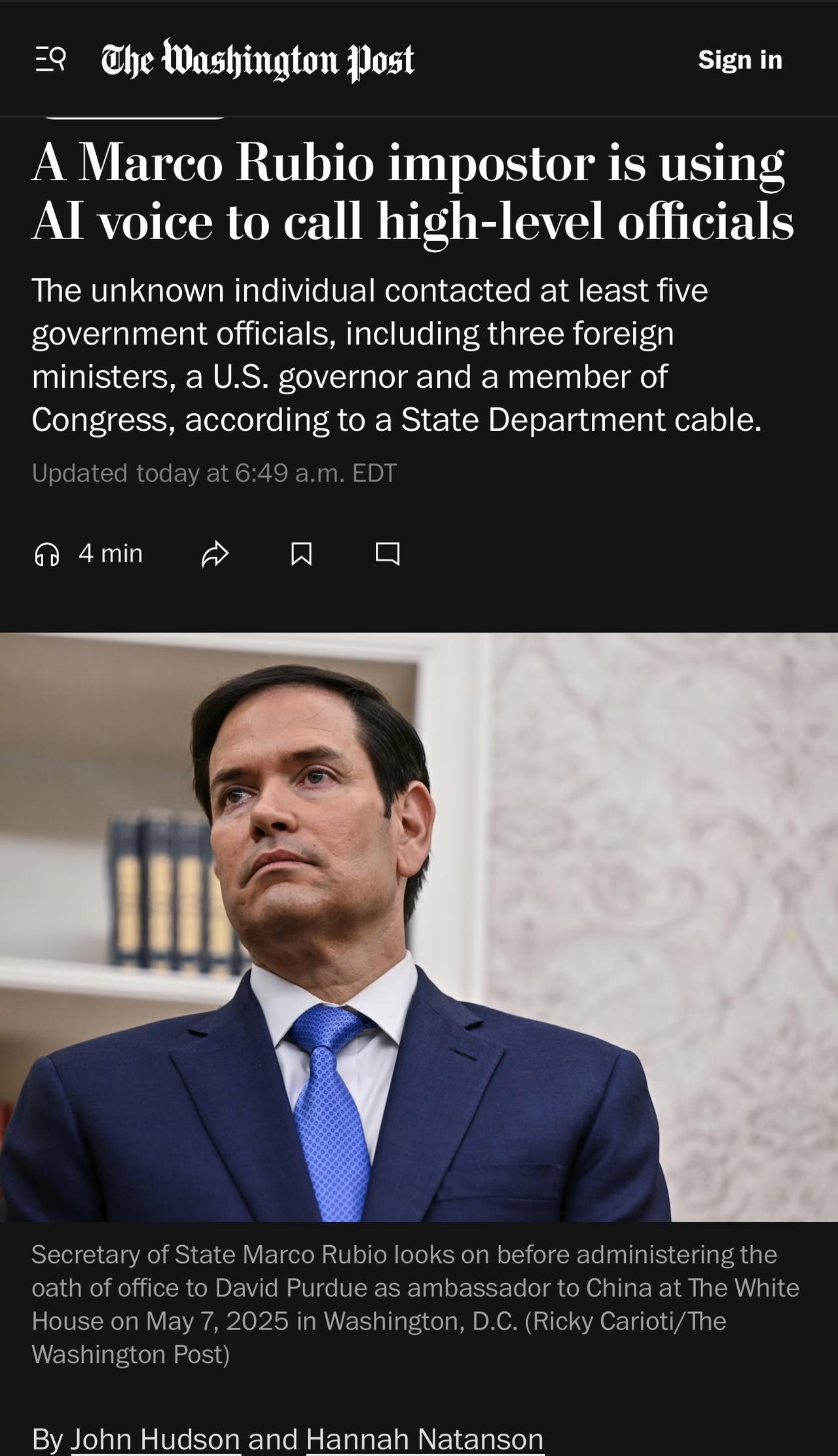 据美国国务院电报称，一名冒名顶替者利用人工智能冒充国务卿马可·卢比奥(Marc