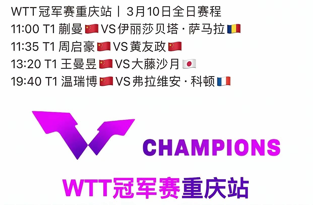 乒乓球赛事WTT冠军赛重庆站，3月10日全日赛程出来了，真快！当日中国队即将
