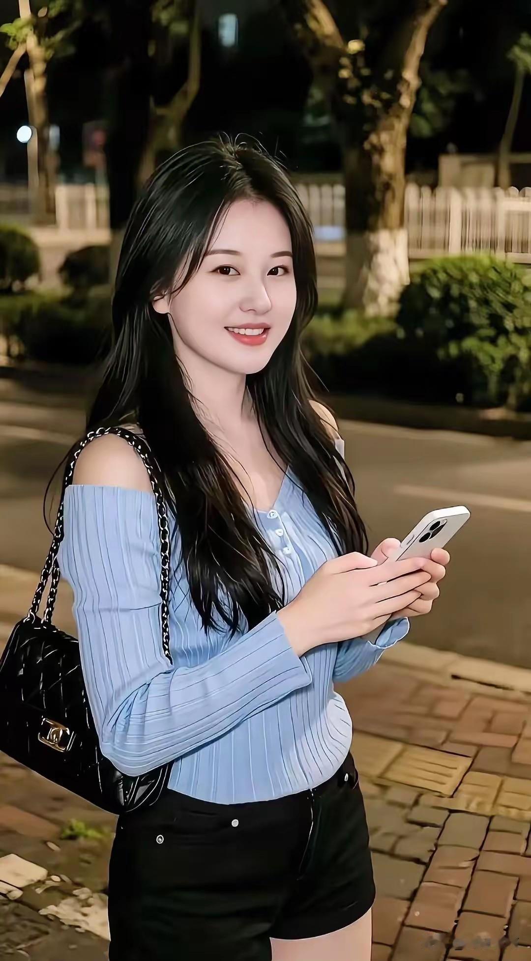 夜晚街拍，甜美少女，手机自拍，时尚穿搭
