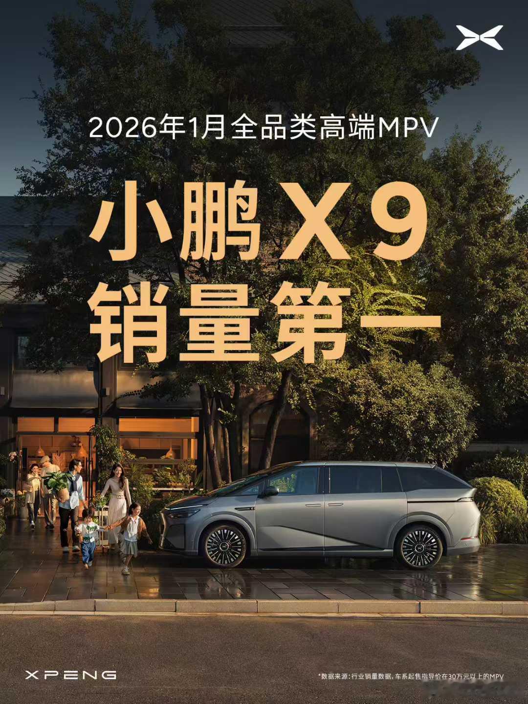 小鹏X9拿下了一月份30万以上MPV销量榜首。两个定语，一个是30