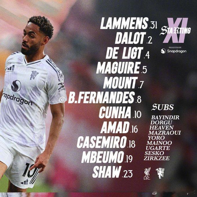 曼联首发：拉门斯，达洛特，德利赫特，马奎尔，卢克肖，卡塞米罗，B费，库尼亚，芒特