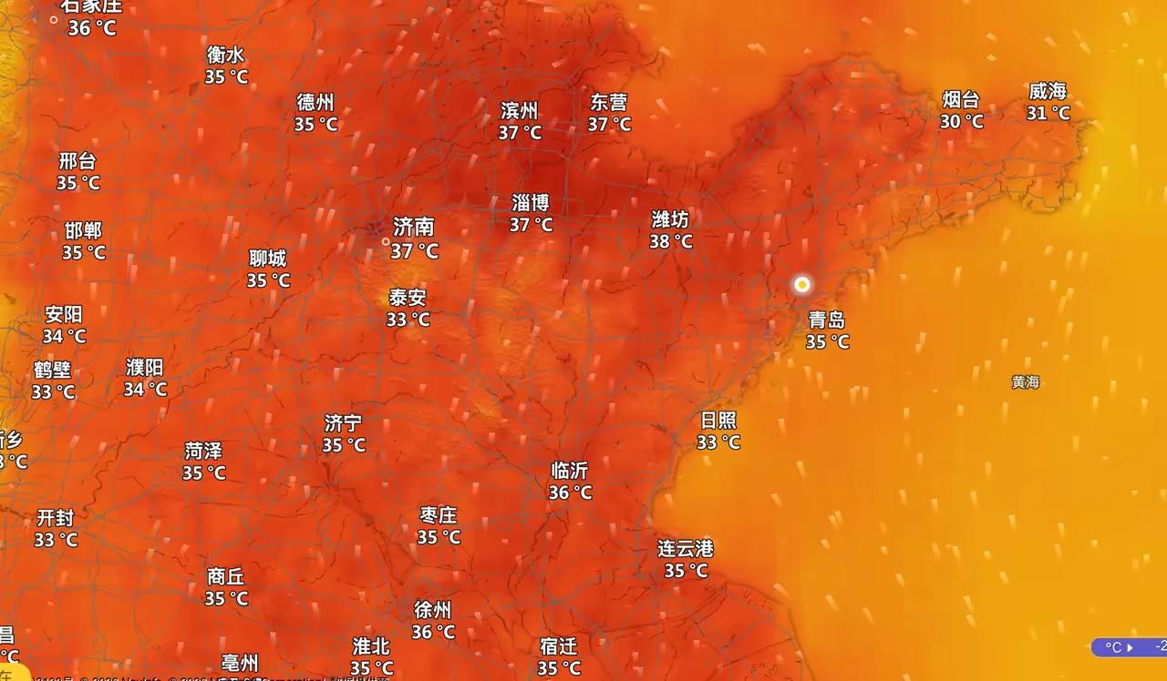 下午2点整，山东鲁西南估计要有38度，看天气预报一直持续到周末，下周连续降雨，高