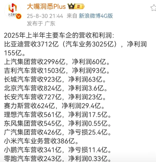 2025年上半年各车企的营收和利润。都在说比亚迪恒大要倒了，怎么扭头一看其他