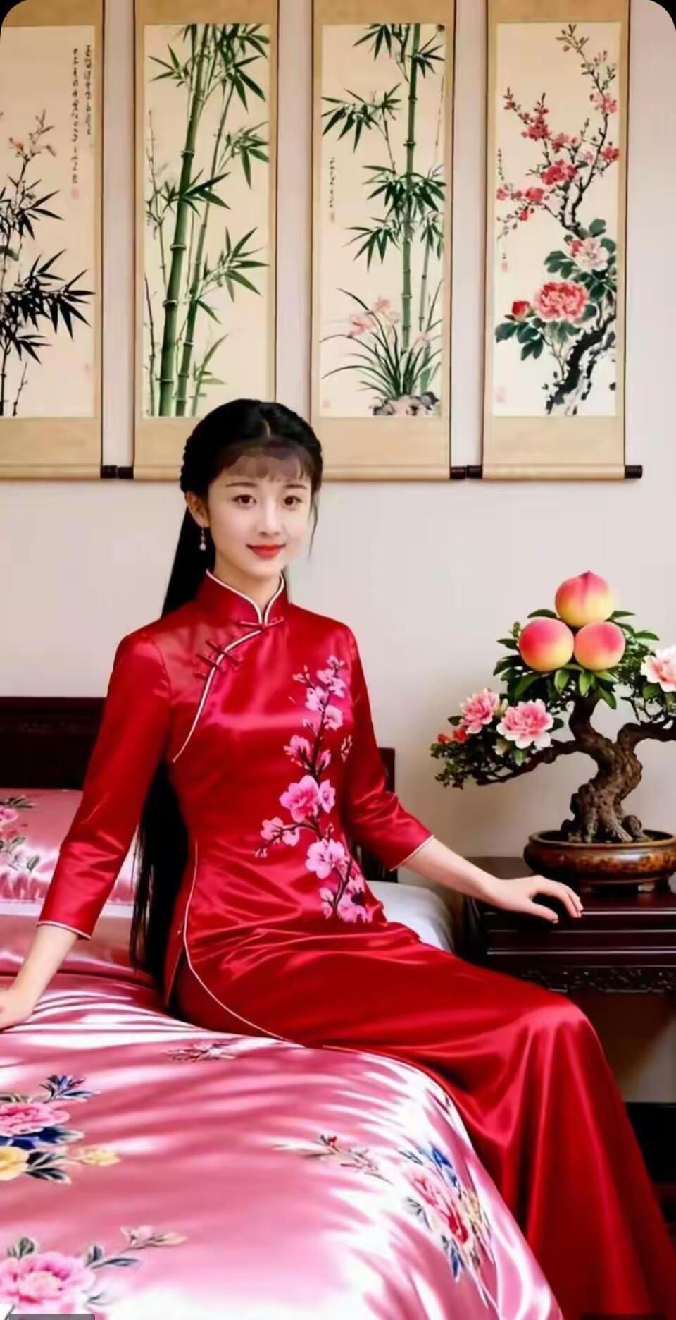 穿旗袍的少女，优雅坐卧，古风韵味十足。