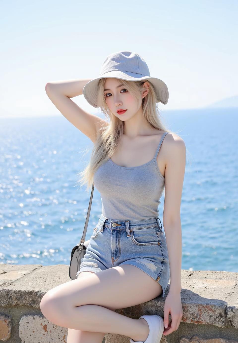 海边阳光明媚，美女在享受时光。