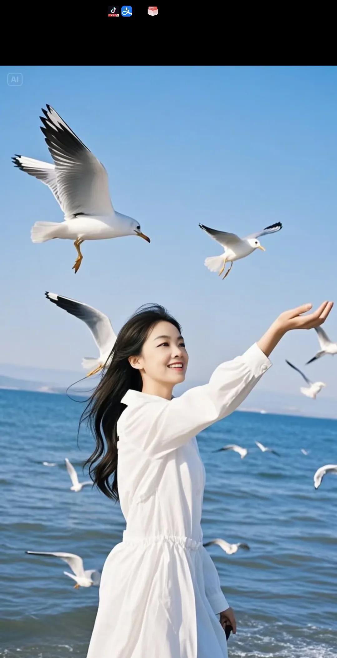 #能分享一下你手机里海边美景吗#《清平乐·海涯鸥伴》/马进鹏海涯风软，白袂凌