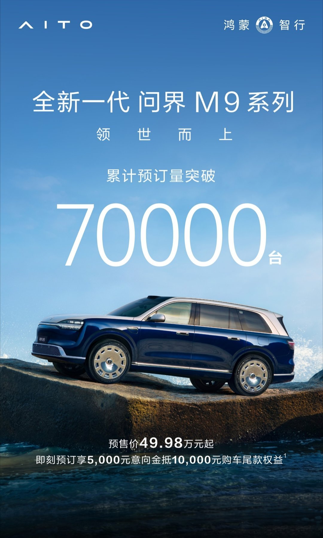 【鸿蒙智行全新一代问界M9汽车累计预订量突破7万台，预售价49.98
