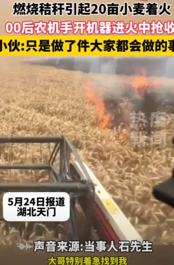“小伙子立功了！”2025年5月，湖北，一名00后农机手开着机器进火中抢救小麦，