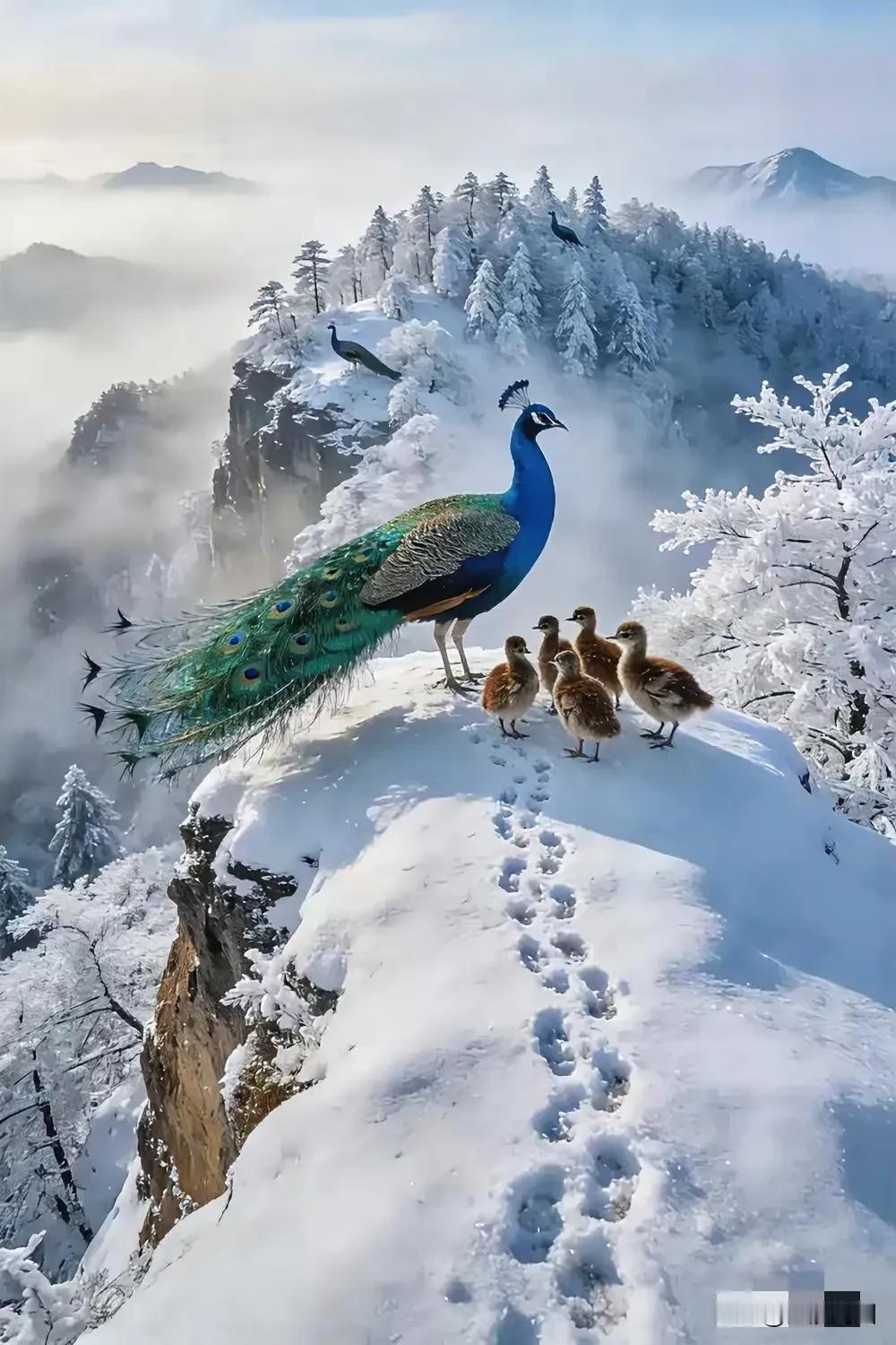 冬日仙境中的孔雀一家，惊艳了整个雪景！🌨️🦅👨‍👩‍👧‍👦