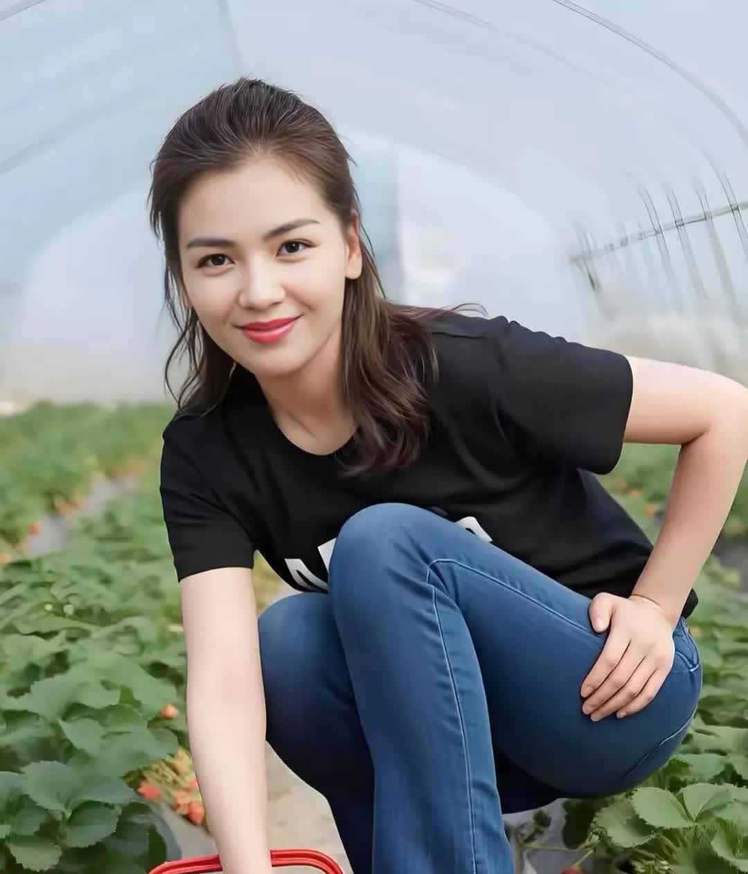 刘涛果园里摘草莓🍓，一身简单的穿搭，也能这么好看
