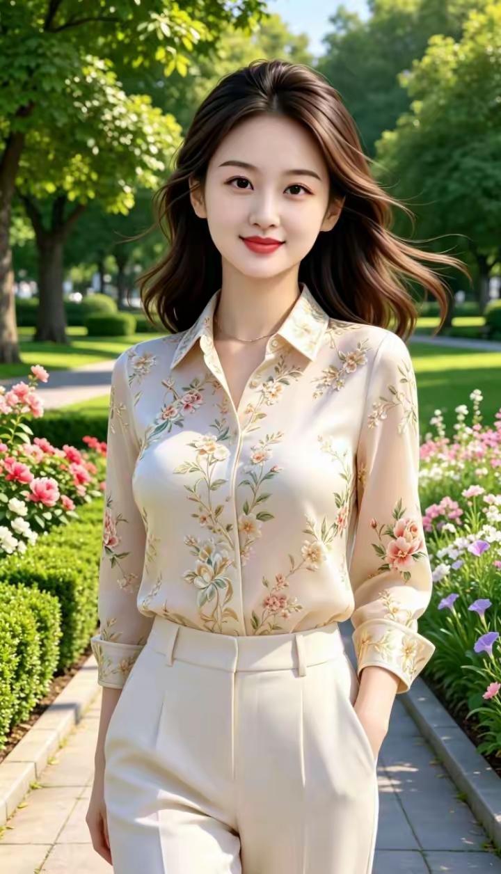 这位美女在公园里穿着花衬衫和米色裤子。