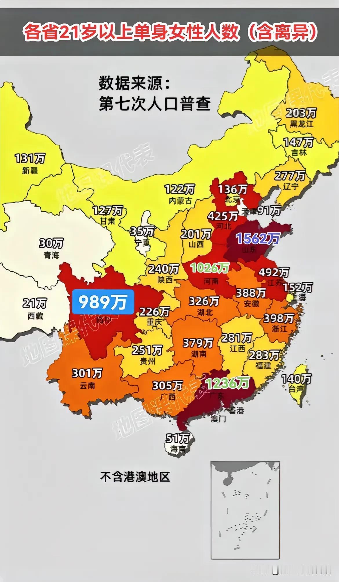 各省21岁以上单身女性人数（含离异）大家看看哪里的人最多呢？