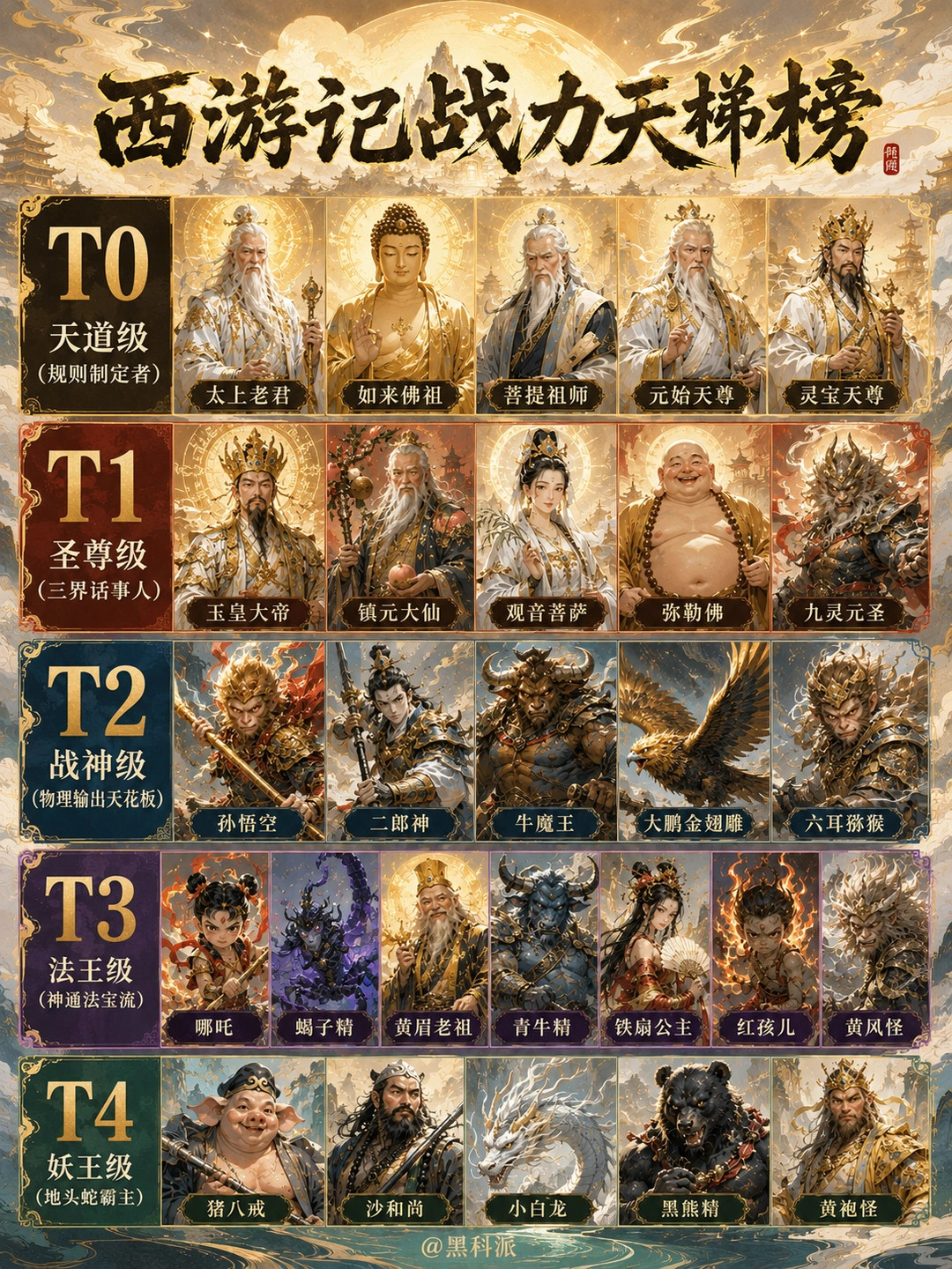 西游记战力天梯榜，孙悟空只能排T2！