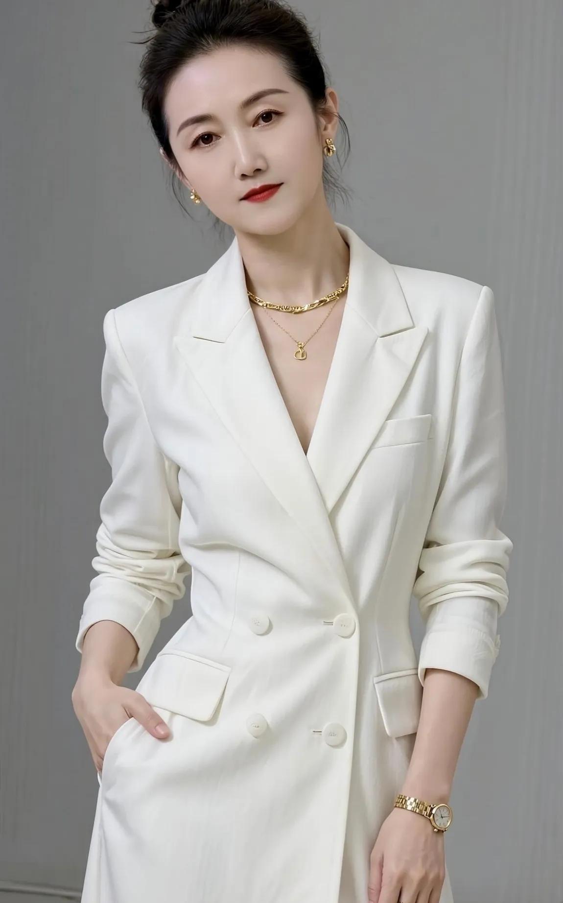 穿上白色西装觉得挺精神[红脸笑]