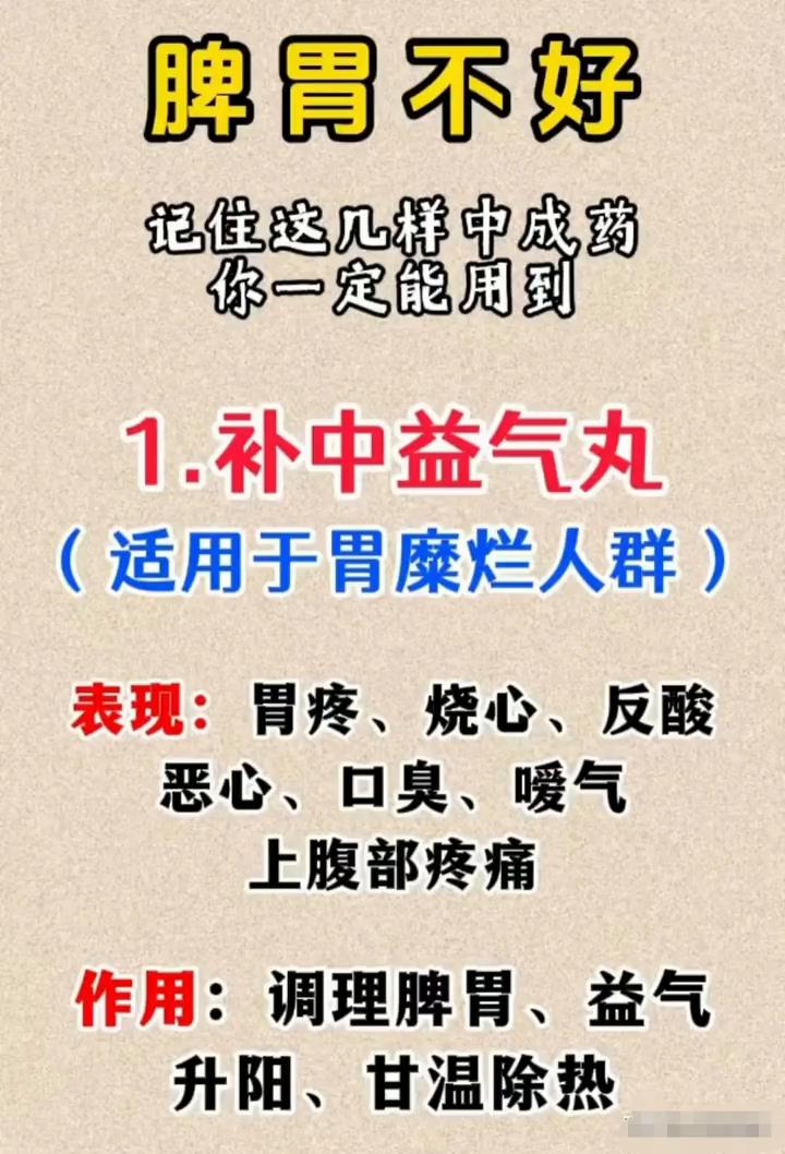 脾胃不好记住这几样中成药，你一定能用到。·1.补中益气丸(适用于脾胃虚寒人群)