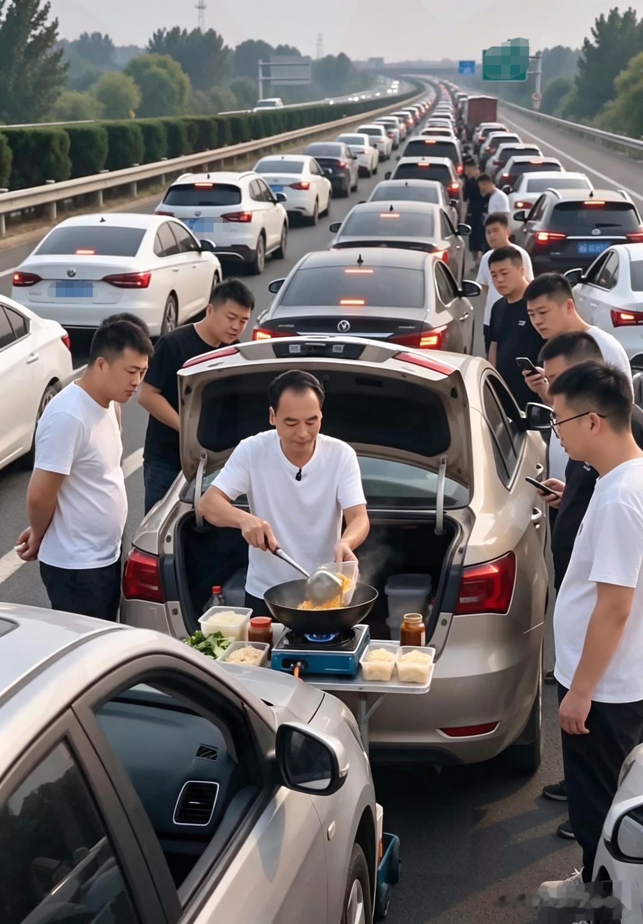 高速堵车名场面！国庆归途，就地起锅做饭…？国庆返乡路上遇上大堵车，长长的车